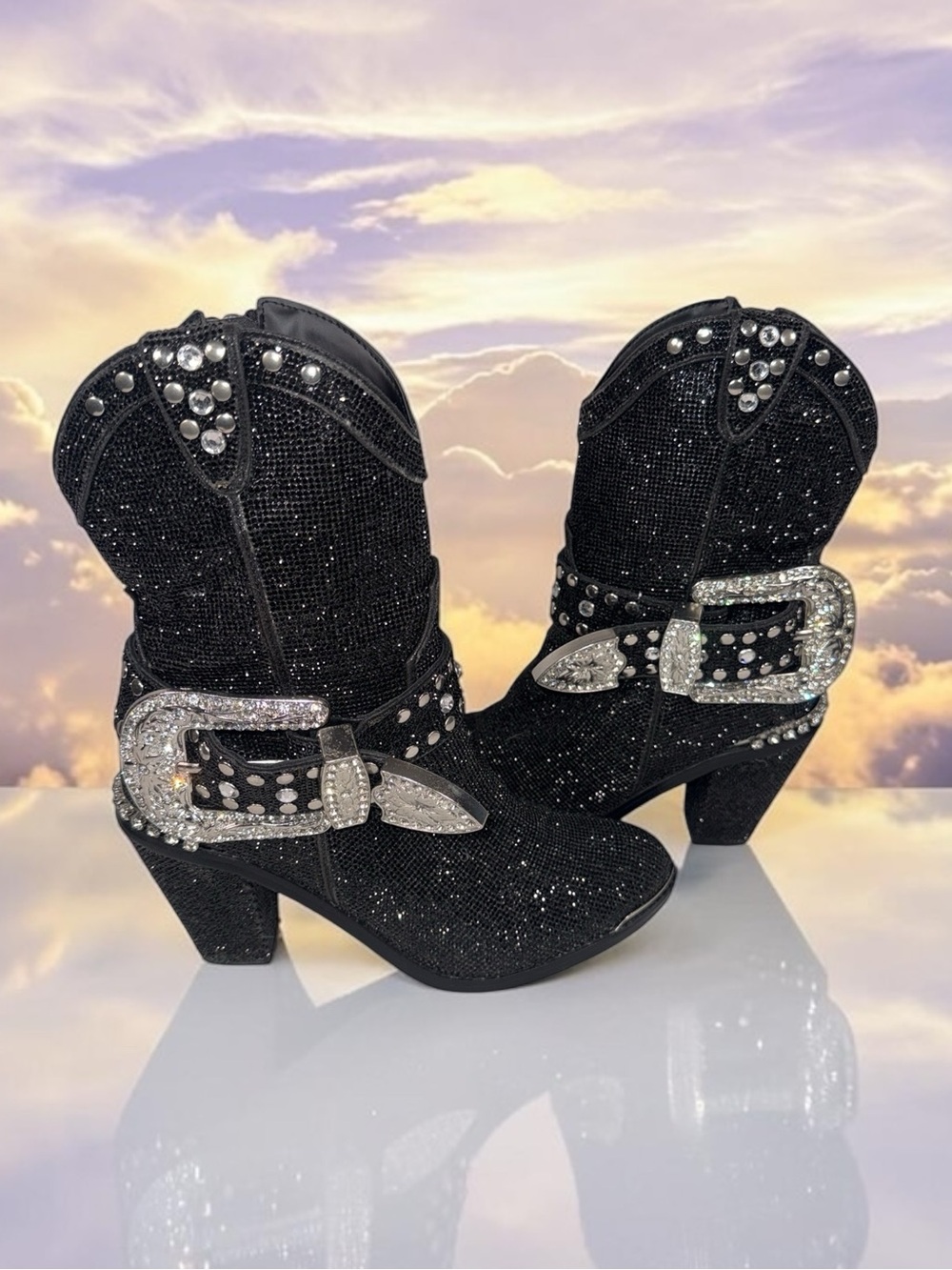 ClubExx Crystal Buckle Black Glitter Western Heeled Booties